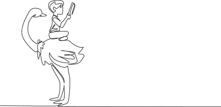 soltero uno línea dibujo chico leyendo libro en linda avestruz. sentar cruzar patas y estudiar en serio. aprender a ser un observador. chico leyendo libro a animal atrás. continuo línea diseño ilustración vector