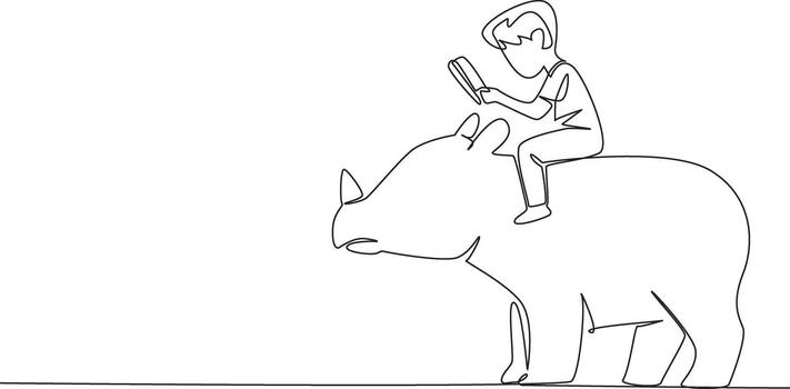 Continuous one line drawing boy reading book on cute rhinoceros. Read about one of the largest remaining megafauna. Nerd. Boy Reading Book at Animal Back. Single line draw illustration vector