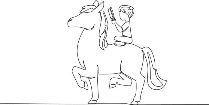 Single one line drawing boy reading book on cute horse. Learning and practicing balance. Reading on a walking horse. Nerd. Boy Reading Book at Animal Back. Continuous line design illustration vector