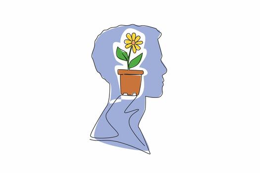 soltero continuo línea dibujo cabeza de hombre con maceta conteniendo floración planta en el medio de cabeza. haciendo un pequeño jardín. inspiración. dentro el cabeza de hombre. uno línea diseño ilustración vector