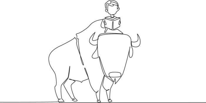 Single continuous line drawing boy reading book on cute bison. Breeding bison and then exporting them abroad. Learn to make money. Boy Reading Book at Animal Back. One line design vector