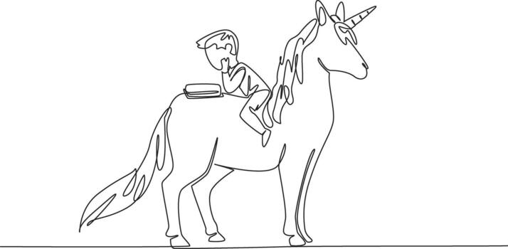 Single one line drawing boy reading book on cute unicorn. Get ease of learning. Can focus anywhere. Always read seriously. Boy Reading Book at Animal Back. Continuous line design illustration vector