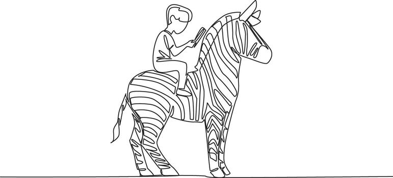 Continuous one line drawing the boy reading book on cute zebra. Seeking knowledge about the causes of zebra striped skin. Boy Reading Book at Animal Back. Single line draw design vector
