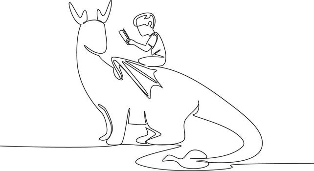 Continuous one line drawing young boy reading book on cute dragon. Delving into old folklore. Myth or fact. Fun. The nerd. Boy Reading Book at Animal Back. Single line draw illustration vector