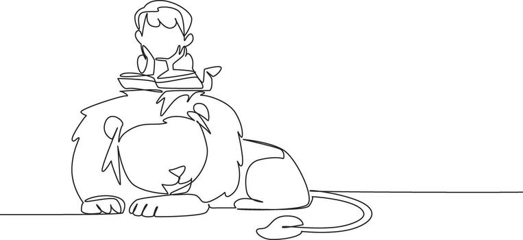 Continuous one line drawing boy reading book on cute lion. Symbolizing the importance of seeking knowledge even in danger. Boy Reading Book at Animal Back. Single line draw illustration vector
