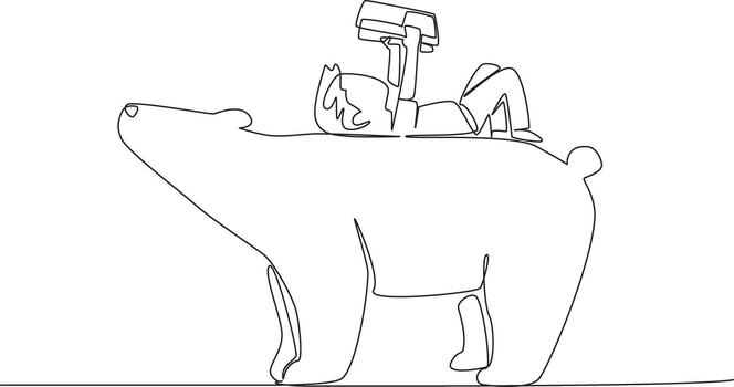 Single continuous line drawing boy reading book on cute polar bear. Lying on back reading book. Increase knowledge in relaxed way. Boy Reading Book at Animal Back. One line illustration vector