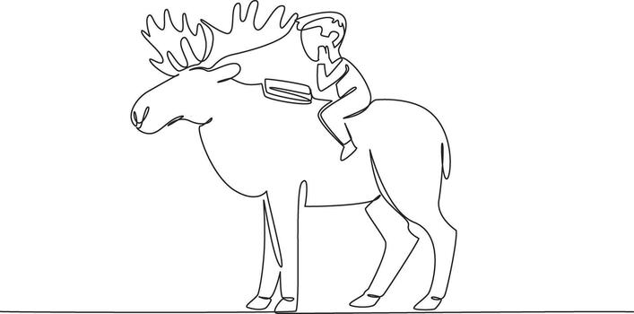 Single one line drawing boy reading book on cute moose. Seriously learn to count distribution of moose. Little observer. Boy Reading Book at Animal Back. Continuous line design illustration vector
