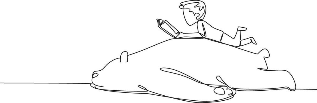 Single one line drawing boy reading book on cute bear. The lazy and the diligent who seek knowledge. Reading knowledge. Boy Reading Book at Animal Back. Continuous line design illustration vector