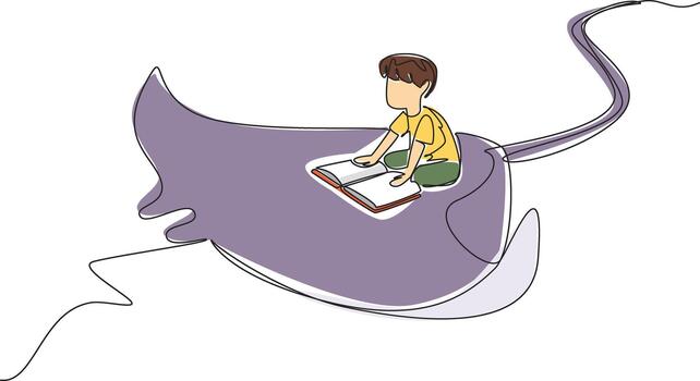 Single continuous line drawing boy reading book on cute stingray swimming. Read about the poisonous tail of the stingray. Beware. Boy Reading Book at Animal Back. One line design illustration vector