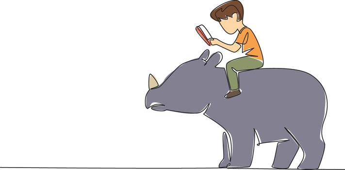 continuo uno línea dibujo chico leyendo libro en linda rinoceronte. leer acerca de uno de el mas grande restante megafauna. nerd. chico leyendo libro a animal atrás. soltero línea dibujar diseño ilustración vector