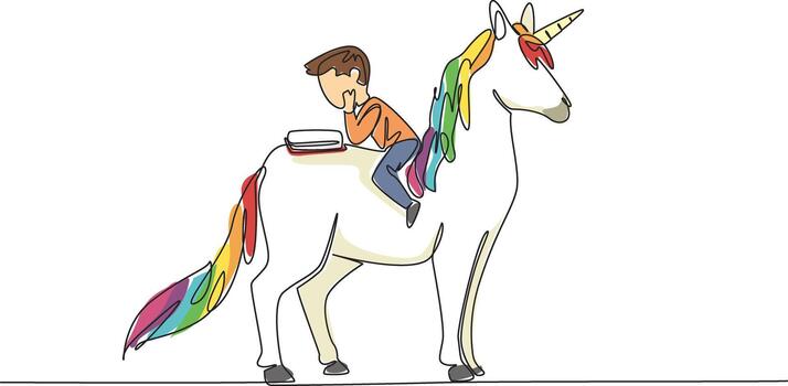 Single one line drawing boy reading book on cute unicorn. Get ease of learning. Can focus anywhere. Always read seriously. Boy Reading Book at Animal Back. Continuous line design graphic illustration vector