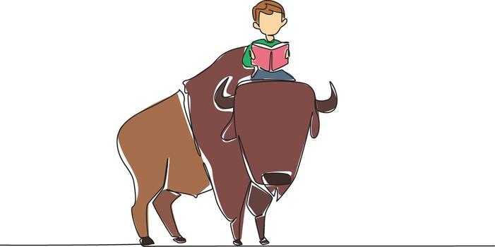 Single continuous line drawing boy reading book on cute bison. Breeding bison and then exporting them abroad. Learn to make money. Boy Reading Book at Animal Back. One line design illustration vector