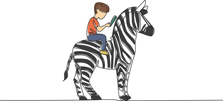 Continuous one line drawing the boy reading book on cute zebra. Seeking knowledge about the causes of zebra striped skin. Boy Reading Book at Animal Back. Single line draw design illustration vector