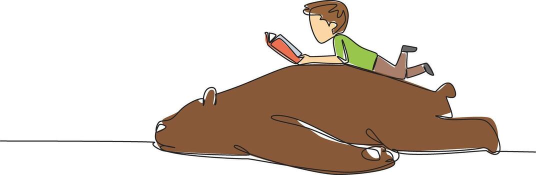 Single one line drawing boy reading book on cute bear. The lazy and the diligent who seek knowledge. Reading knowledge. Boy Reading Book at Animal Back. Continuous line design graphic illustration vector