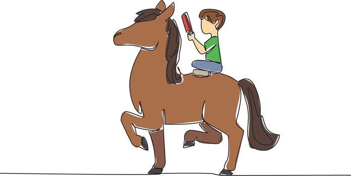 Single one line drawing boy reading book on cute horse. Learning and practicing balance. Reading on a walking horse. Nerd. Boy Reading Book at Animal Back. Continuous line design graphic illustration vector