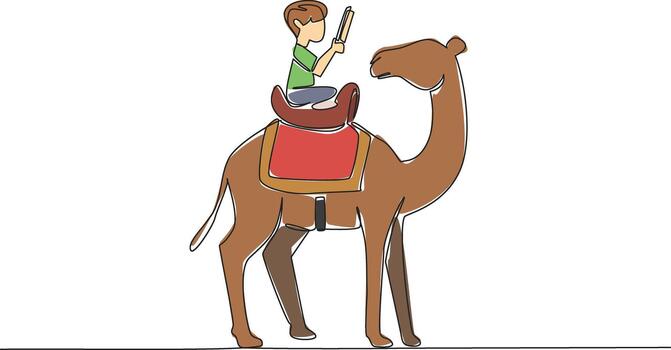 Continuous one line drawing boy reading book on cute camel. Find out main function of the camel hump. Learning from nature. Boy Reading Book at Animal Back. Single line draw design illustration vector