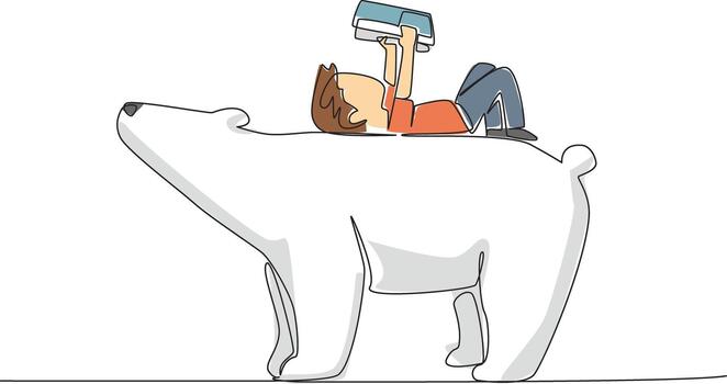 Single continuous line drawing boy reading book on cute polar bear. Lying on back reading book. Increase knowledge in relaxed way. Boy Reading Book at Animal Back. One line design illustration vector
