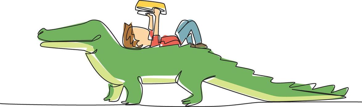 Single one line drawing boy reading book on cute crocodile. Lying on the back reading book. Serious but relaxed. The nerd. Boy Reading Book at Animal Back. Continuous line design graphic illustration vector