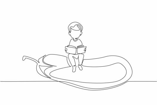 Single continuous line drawing boy reading on eggplant. Read tips for successfully planting and caring for eggplants. Boy Reading Book at Vegetables and Fruits. One line illustration vector