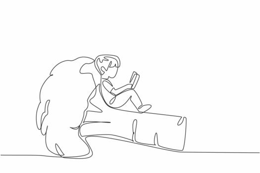 Single continuous line drawing boy reading on broccoli. Studying agricultural science from an early age. Eager to learn. Boy Reading Book at Vegetables and Fruits. One line design illustration vector