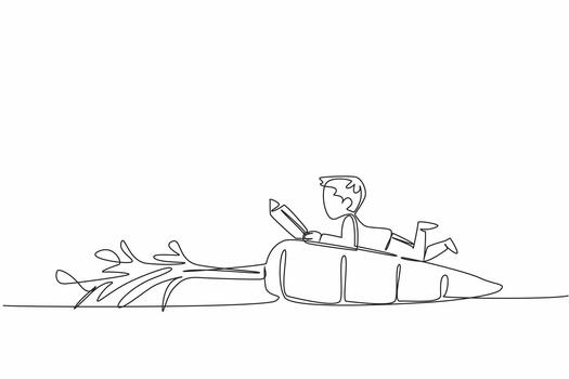 Single one line drawing boy reading on carrot with leaves. Giving examples of learning that can be done anywhere. Boy Reading Book at Vegetables and Fruits. Continuous line design illustration vector