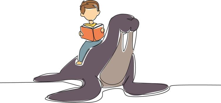 Single one line drawing boy reading book on cute walrus. Reading while practicing. Getting know animal anatomy. The nerd. Boy Reading Book at Animal Back. Continuous line design graphic illustration vector