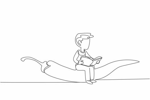 Continuous one line drawing young boy reading on chili. Always have fun learning to increase knowledge. The nerd. Boy Reading Book at Vegetables and Fruits. Single line draw illustration vector