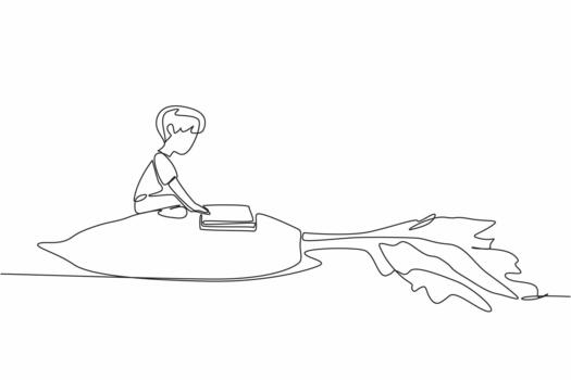 Single one line drawing boy reading on white radish with its leaves. Learn how to grow white radish without fail. Boy Reading Book at Vegetables and Fruits. Continuous line design graphic illustration vector