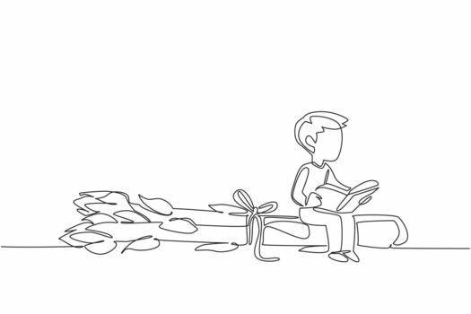 soltero uno línea dibujo chico leyendo en espárragos atado con cadena. leer antioxidante contenido encontró en espárragos. chico leyendo libro a vegetales y frutas continuo línea diseño gráfico ilustración vector