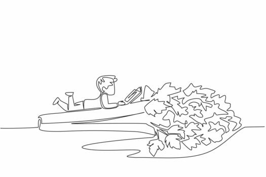 Continuous one line drawing boy reading on celery. Reading while lying on the stomach. Meaningful relaxation. Boy Reading Book at Vegetables and Fruits. Single line draw illustration vector