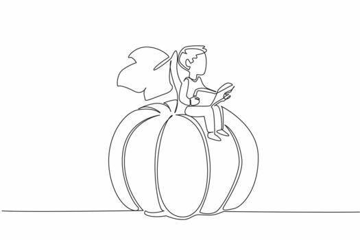 Single continuous line drawing young boy reading on pumpkin leaf. Feel the coolness when studying in nature. Focus. Nerd. Boy Reading Book at Vegetables and Fruits. One line illustration vector