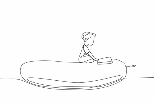Continuous one line drawing boy reading on cucumber. Reading on a giant cucumber shaped pillow. Calm and focused. Boy Reading Book at Vegetables and Fruits. Single line draw design vector