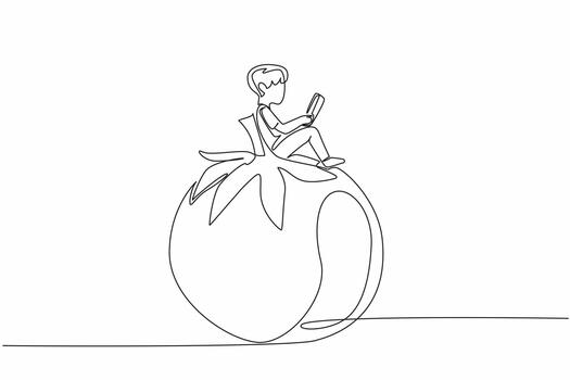 Continuous one line drawing young boy reading on tomato. Read seriously. Looking for additional knowledge. Nerd. Boy Reading Book at Vegetables and Fruits. Single line draw illustration vector