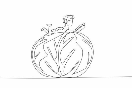 Single one line drawing boy reading on red cabbage. Read benefits of the ingredients contained in red cabbage. Boy Reading Book at Vegetables and Fruits. Continuous line design illustration vector