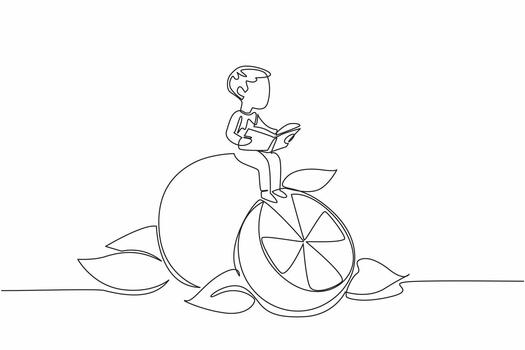 Continuous one line drawing young boy reading on orange. Reading while practicing the knowledge gained. The nerd. Boy Reading Book at Vegetables and Fruits. Single line draw illustration vector