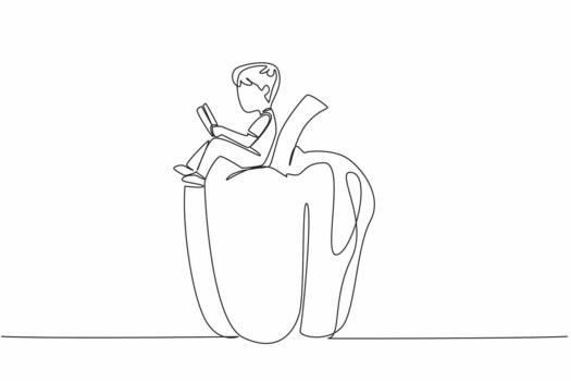 Single continuous line drawing boy reading on peppers. Learn the theory of how to become a profitable paprika farmer. Boy Reading Book at Vegetables and Fruits. One line illustration vector