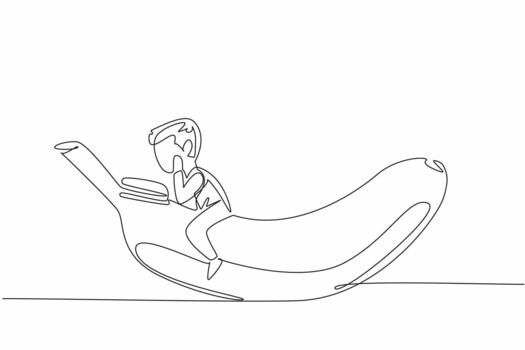 Single continuous line drawing young boy reading on banana. Learn the benefits of fruit for the body. Health conscious. Boy Reading Book at Vegetables and Fruits. One line design vector