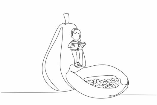 Single one line drawing boy reading while standing on partially cut papaya. Aspire to be a horticultural expert. Boy Reading Book at Vegetables and Fruits. Continuous line design illustration vector