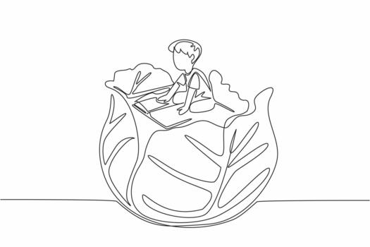 Single one line drawing boy reading on green cabbage leaf. Delving into natural science during the holidays. Boy Reading Book at Vegetables and Fruits. Continuous line design illustration vector