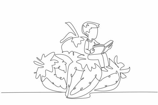 Single continuous line drawing boy reading on pile of strawberries. Learning how to harvest properly. Very satisfactory. Boy Reading Book at Vegetables and Fruits. One line illustration vector