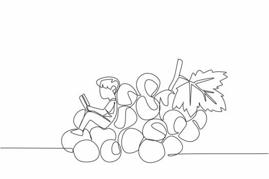 Continuous one line drawing boy reading on a pile of grapes. Find out properties of grapes based on their color. Boy Reading Book at Vegetables and Fruits. Single line draw design vector