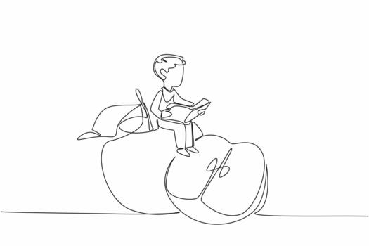 Single continuous line drawing young boy reading on apple. Sit back and read about the many benefits of apples. Nerd. Boy Reading Book at Vegetables and Fruits. One line design vector