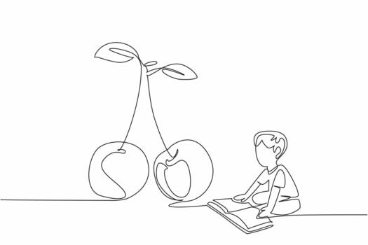 Single one line drawing boy reading next to cherry. Learn anytime, anywhere. Even during harvest time. The nerd. Boy Reading Book at Vegetables and Fruits. Continuous line design illustration vector