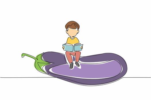 Single continuous line drawing boy reading on eggplant. Read tips for successfully planting and caring for eggplants. Boy Reading Book at Vegetables and Fruits. One line design illustration vector