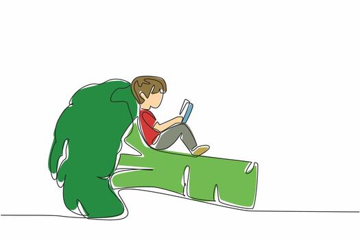 Single continuous line drawing boy reading on broccoli. Studying agricultural science from an early age. Eager to learn. Boy Reading Book at Vegetables and Fruits. One line illustration vector