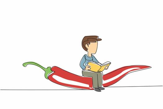 Continuous one line drawing young boy reading on chili. Always have fun learning to increase knowledge. The nerd. Boy Reading Book at Vegetables and Fruits. Single line draw design illustration vector