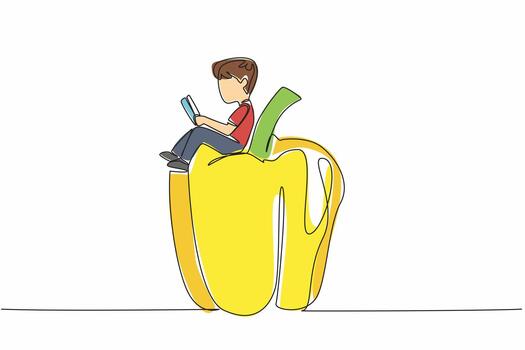 Single continuous line drawing boy reading on peppers. Learn the theory of how to become a profitable paprika farmer. Boy Reading Book at Vegetables and Fruits. One line design illustration vector