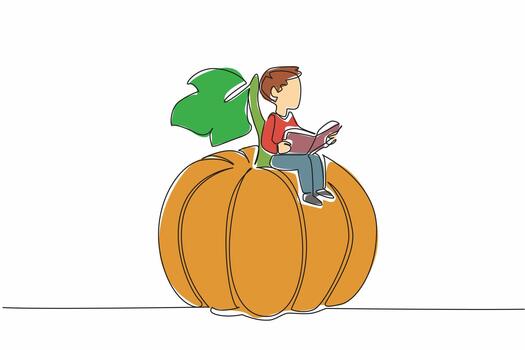 Single continuous line drawing young boy reading on pumpkin leaf. Feel the coolness when studying in nature. Focus. Nerd. Boy Reading Book at Vegetables and Fruits. One line design illustration vector