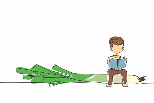 Continuous one line drawing boy reading on leek. Vitamin A, vitamin C, vitamin K, potassium. Benefits of leeks. Boy Reading Book at Vegetables and Fruits. Single line draw design vector