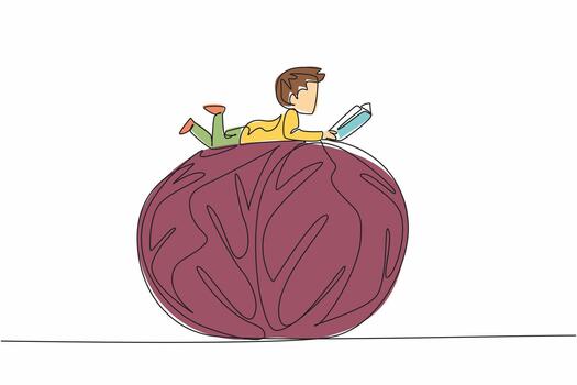 Single one line drawing boy reading on red cabbage. Read benefits of the ingredients contained in red cabbage. Boy Reading Book at Vegetables and Fruits. Continuous line design graphic illustration vector